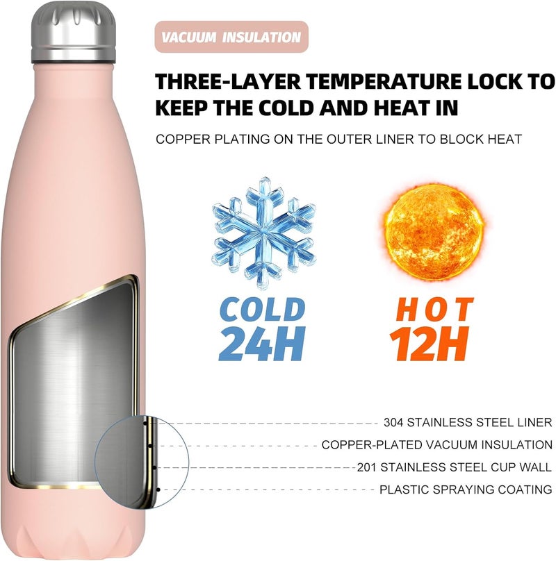 WATERSY Stainless Steel water bottles,17oz/500ml Insulated Water Bottles,Pink metal water bottle Keeps Drink Cold and Hot,BPA Free kids water bottles for School,Gym,Travel,Sports - Image 2
